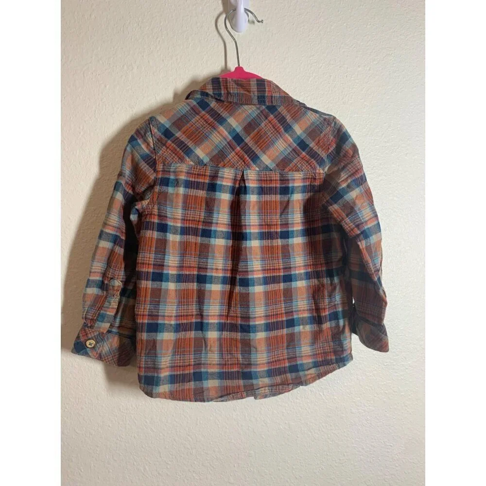 Genuine Kids Osh Kosh Plaid Button Up Shirt Boys Size 2T Orange Fall Grunge I6